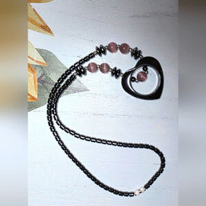 Hematite Heart Pendant Necklace Vintage Pink Accents
